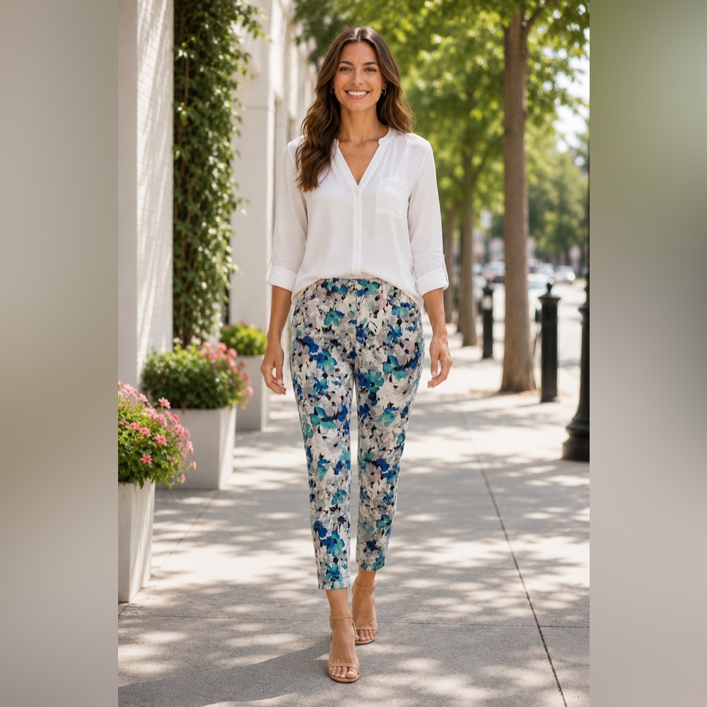 $119 NYDJ Made In USA Sheri Slim Jeans Women 8P 32x26” Ankle Floral Lift Tuck